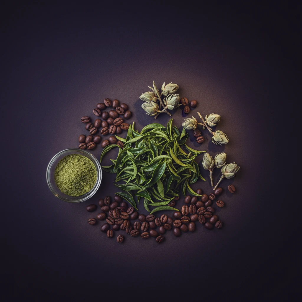 Frische Grünteeblätter und Camellia sinensis Knospen mit Kaffeebohnen - Grüntee Extrakt Kaffee Kombination
