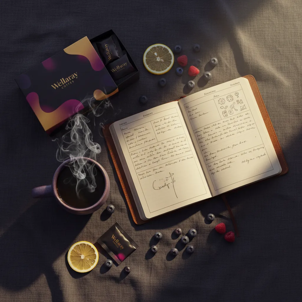 Flatlaykomposition mit Kaffee, Wellaray Coffee Sachet, Rezepttagebuch und Früchten auf dunklem Leinenstoff - Morgenroutine Lifestyle